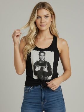 Elvis Presley Mugshot Graphic Tank Top Black Racerback Scoop Neck Medium